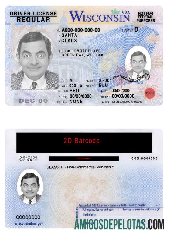 Carteira de motorista dos EUA em Wisconsin amostra